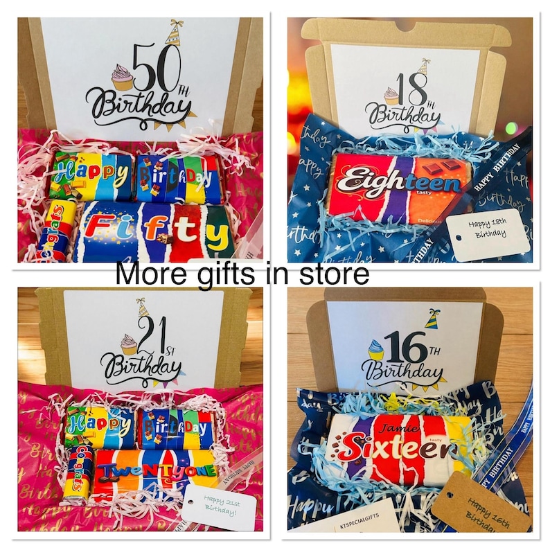 May include: Four open cardboard gift boxes containing assorted candy bars with custom wrappers. The boxes feature printed birthday messages for ages 16, 18, 21, and 50, decorated with party hats and cupcakes. Each box includes colorful shredded paper filler.