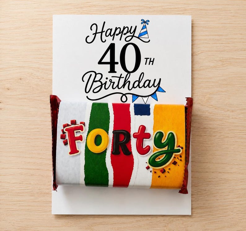 May include: A rectangular birthday card with the text Happy 40th Birthday and a blue party hat icon. Attached is a candy bar wrapper featuring vertical stripes of white, green, red, and yellow, with the word Forty in colorful 3D lettering.