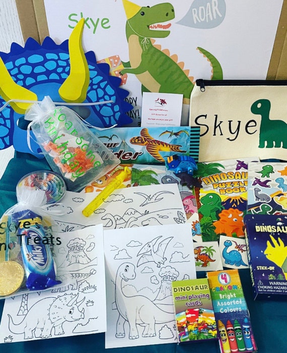 Dinosaur Activity Box, Birthday Gift, Personalised Dinosaur Puzzle, Stickers, Crayons, Mini Cards