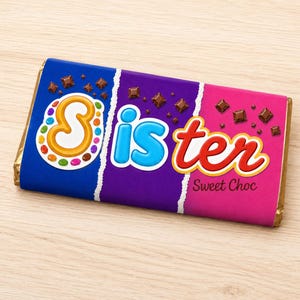 May include: A rectangular chocolate bar wrapped in a blue, purple, and pink paper sleeve. The word Sister is printed in large, colorful, stylized letters across the front, accompanied by small chocolate square graphics and the text Sweet Choc.