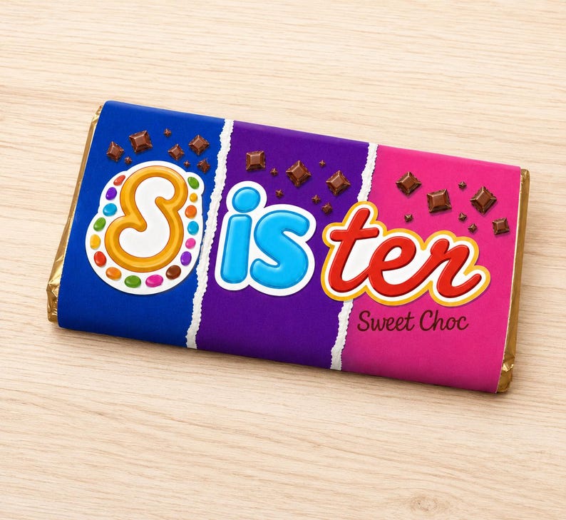 May include: A rectangular chocolate bar wrapped in a blue, purple, and pink paper sleeve. The word Sister is printed in large, colorful, stylized letters across the front, accompanied by small chocolate square graphics and the text Sweet Choc.