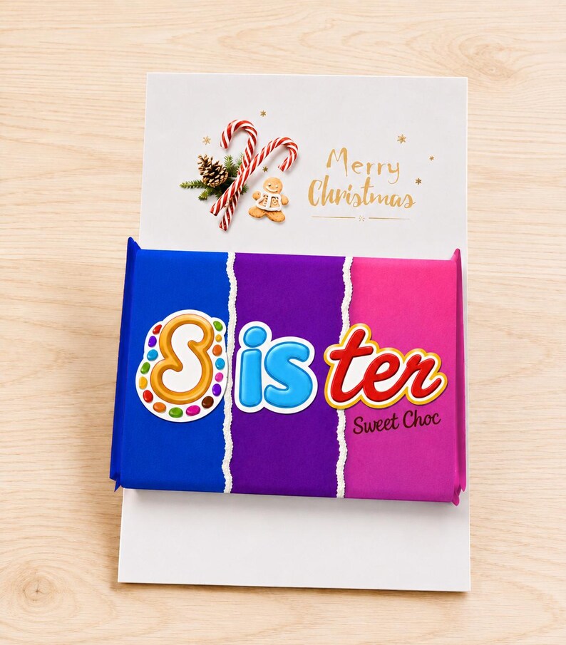 May include: A rectangular chocolate bar wrapper featuring a blue, purple, and pink gradient background with torn paper edges. The word Sister is printed in large, colorful, stylized letters, with Sweet Choc text below. A Merry Christmas card is attached.