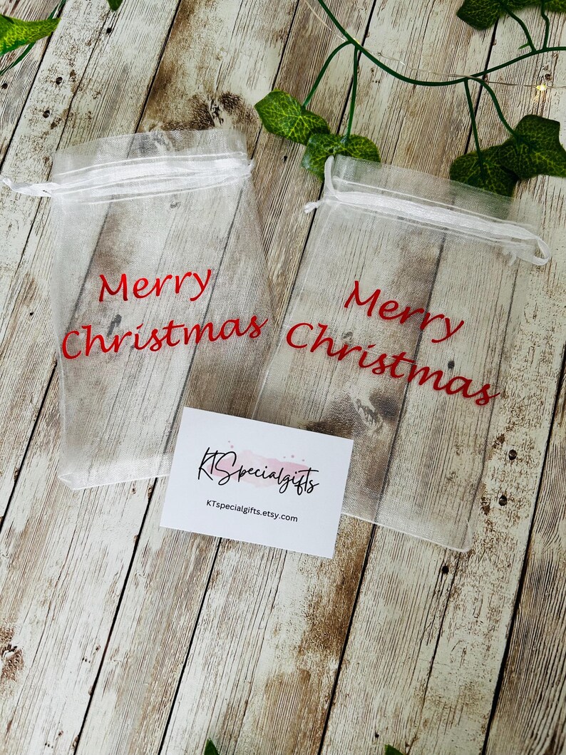 Merry Christmas Organza Bags, Hand Made, White Gift Bags, Personalised