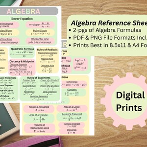 Może przedstawiać: Arkusze referencyjne algebry ze wzorami dla r&oacute;wnań liniowych, wzor&oacute;w kwadratowych i zasad pierwiastk&oacute;w. Cyfrowe wydruki zawierają formaty plik&oacute;w PDF i PNG. Obraz zawiera r&oacute;wnież r&oacute;żowy i zielony trybik z napisem "Digital Prints".