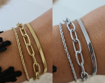 Bracelet 3 rangs femme en acier inoxydable doré ou argenté ,bracelet multi rangs, cadeau anniversaire, 3 bracelets, set de 3 bracelets