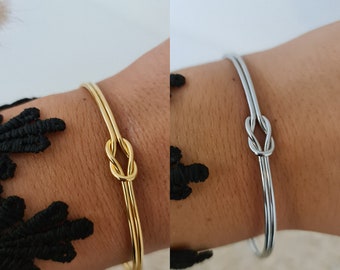 Jonc en acier inoxydable argenté ajustable, bracelet femme, jonc femme, idée cadeau, cadeau anniversaire, fête des mères, bijou nœud,