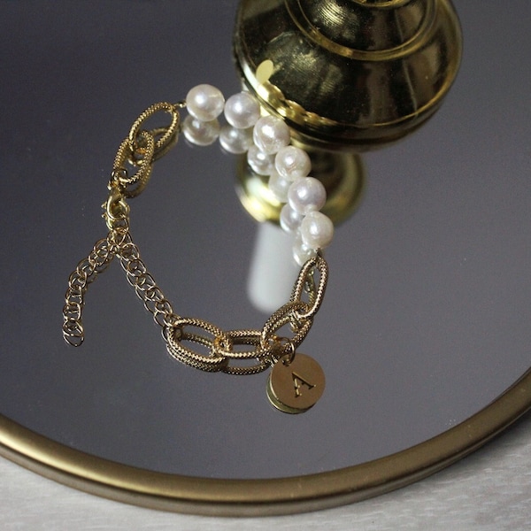 Bracelet maillon dorée et perles d’eau douce bracelet réglable maille dorée en acier inoxydable dorée bracelet perle eau douce blanche