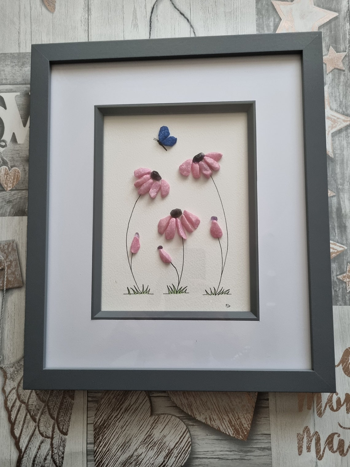 Rock Art Gift, Rock Flower and Butterfly Picture, Handmade Original