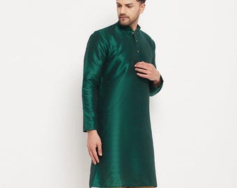 Kurta de seda verde esmeralda para hombre / Kurta festiva para bodas para hombre / / Ropa étnica hecha a mano