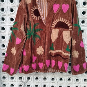 Velvet Boho Jacket, Embroidered Brown Cardigan Coat, Handmade Aesthetic Patchwork Outerwear, Unique Gift for Her