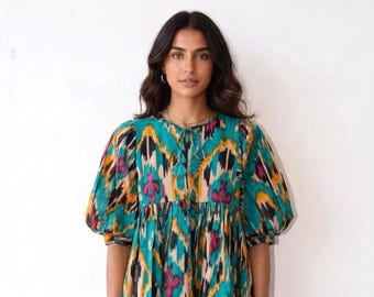 Kyra Midi Dress, Mini Dress, Floral Long Block Print Dress, Deep Neck with string closer
