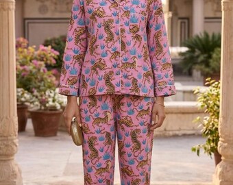 Jungle Print Cotton Pajama Set: Handmade Indian Short PJ Set
