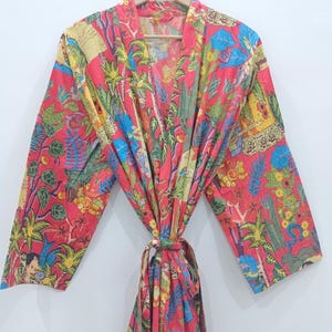 Bata tipo kimono de algodón, bata de dama de honor con estampado de bloques, ropa de dormir de verano, talla única