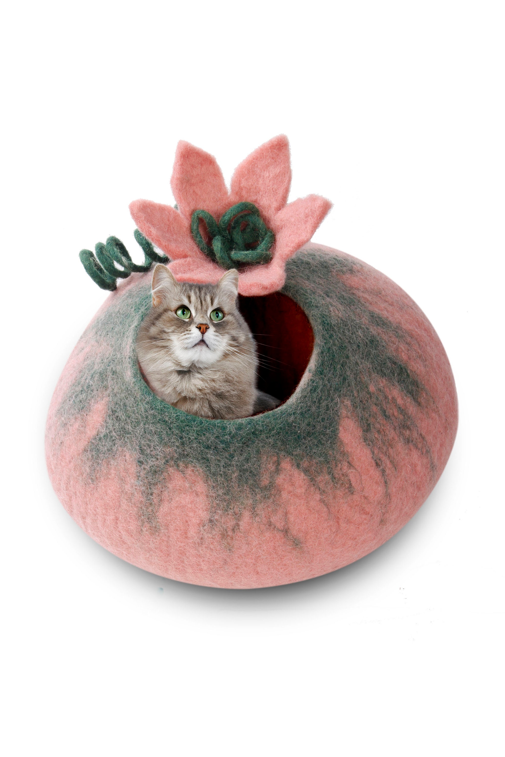 Cat Cave Bed House Pink Flower ~ Handmade  Felted Eco Friendly Merino Wool ~ Warm and Cozy Beds for Cats and Kittens  ~ Bonus Felt Wool Ball