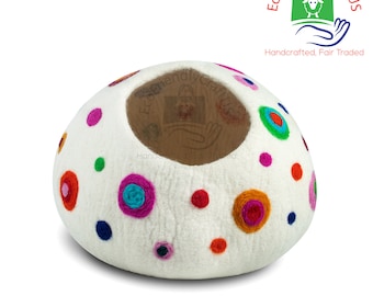100% Handmade Eco Friendly Felted Merino Wool Polka dotted Cat Cave House  ~ Warm and Cozy Beds for Cats and Kittens  ~ Bonus Felt Wool Ball