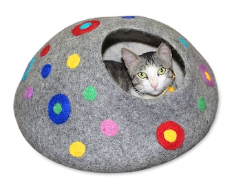 Cat Cave Bed polka dotted ~ Handmade Eco Friendly Natural Felted Merino Wool Cat Cave Bed~ Large Cozy Pod Felt Cat House ~ Bonus Toy Ball