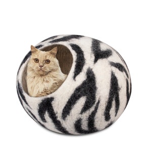 Cat Wool Cocoon /Cat Cave Bed / Cozy kitty House / Pet Furniture ~Hand Felted Natural Wool~ White Black Zebra pattern ~ Bonus felt toy ball