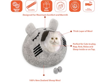 Charlie  Cat Cave Bed House ~ Handmade Eco Friendly Natural Felted Merino Wool ~Cat Nap Bed ~Cat Lover Gift~ Modern Cat Bed~ Bonus Toy Ball