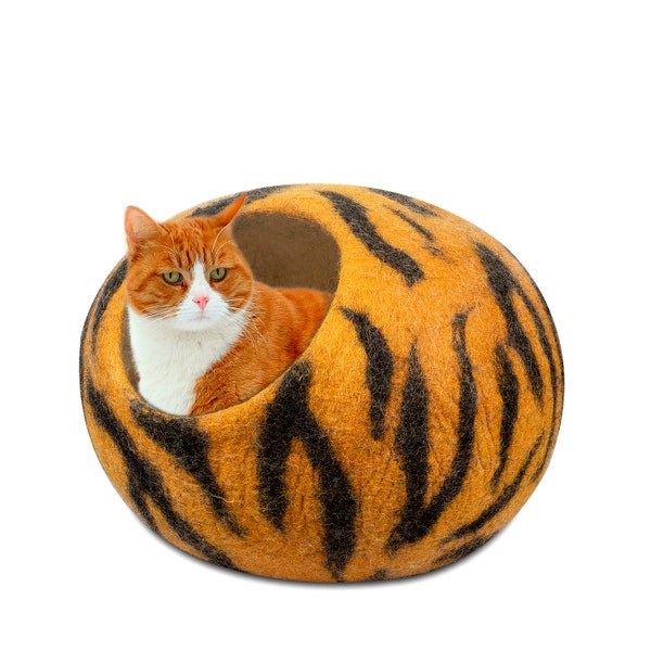 Handmade felt cat cave 100% natural merino wool cat bed/cat house/cat nap cocoon hideaway/pet furniture~(Tiger pattern)~bonus felt toy ball