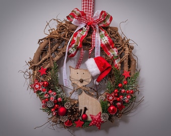 Christmas wreath door wreath wall wreath cat fir branch - decoration for Christmas Advent souvenir cats festive decoration