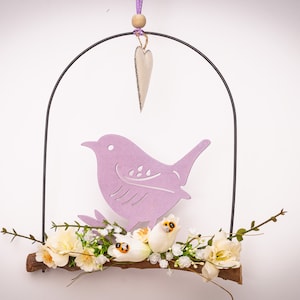 Spring window decoration door decoration hanging bird metal heart decoration for Easter Mother's Day to hang Easter decoration purple white rustic country house