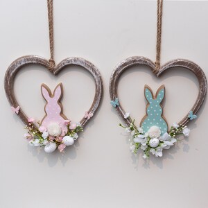 Window decoration door decoration hanging heart decoration for Easter with rabbit flowers and eggs to hang Easter decoration spring pink white rustic country house