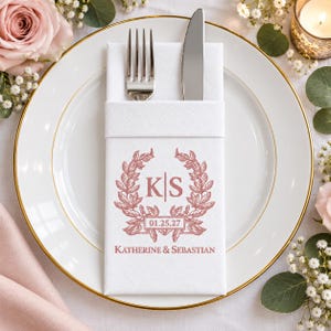 Personalized Engagement Napkins, Custom Wedding Airlaid Pocket Napkins, Initials Names & Date, Linen Feel, Set of 30