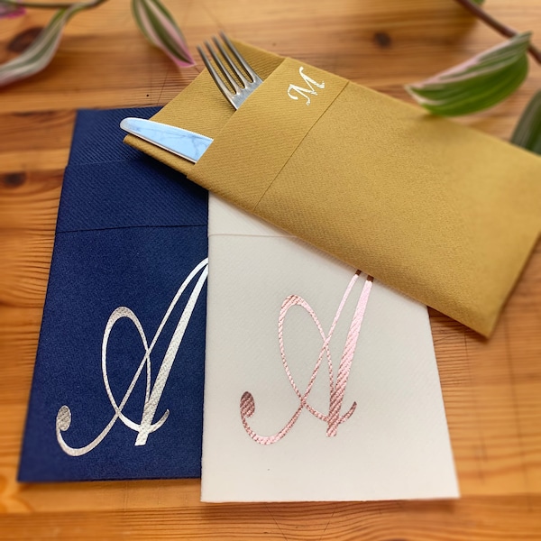 Monogram printed napkin , Perfect Size Linen-Like Handmade Disposable, Pocket wedding napkins for reception or Events