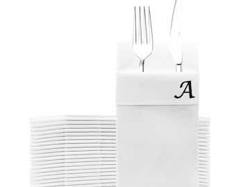 May include: A stack of white napkins with a single napkin folded to hold a silver fork and knife. The napkin has the letter "A" printed on it.