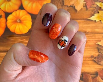Press on nailsPumpkin nails|Fall Nails|Thanksgiving Nails|Halloween Nails|Press ons|Autumn nails|Gel Nails|Nails|Fake Nails