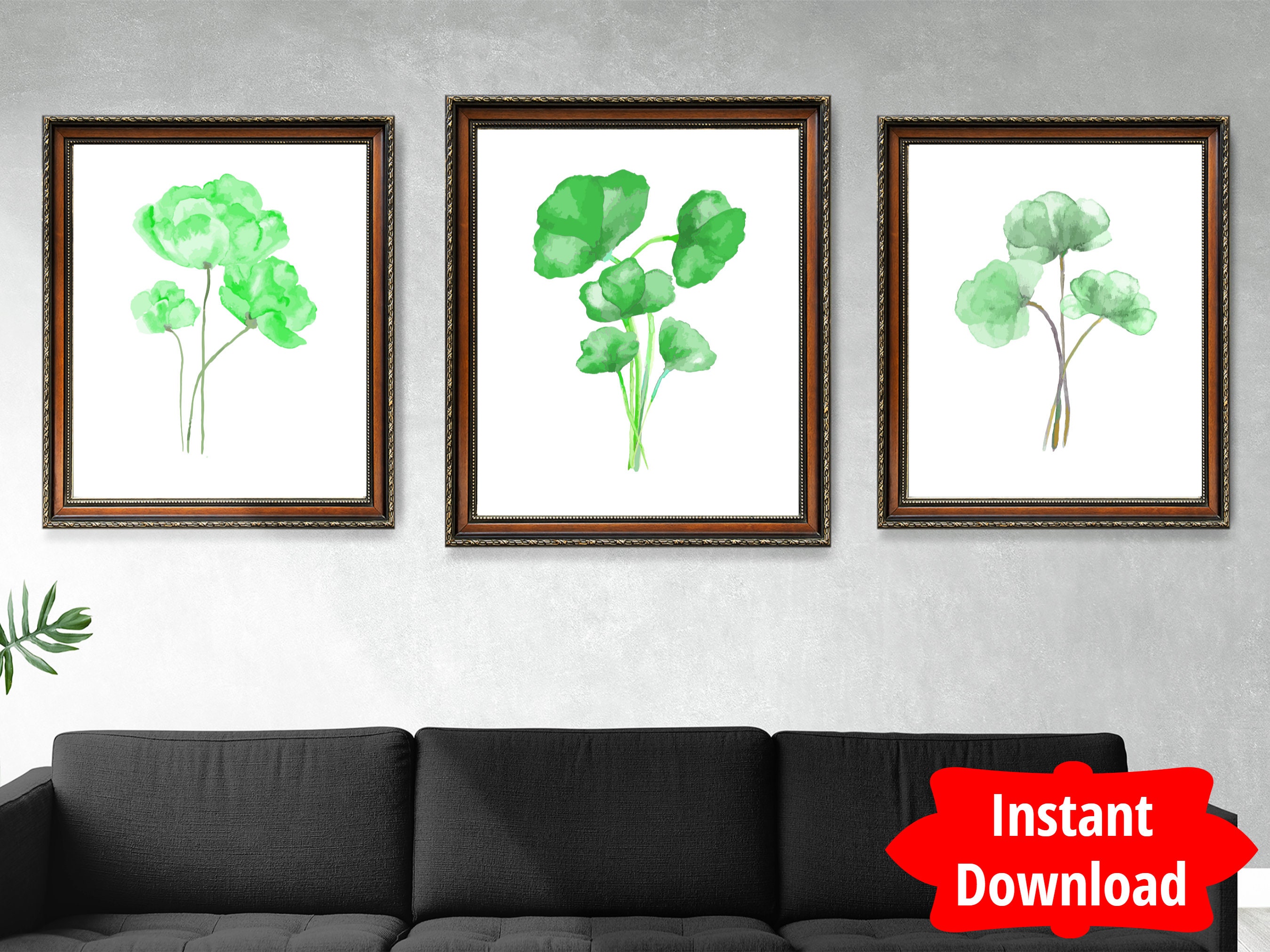 Set of 3 Green Wall Art Green Flowers Watercolor Print Set Etsy