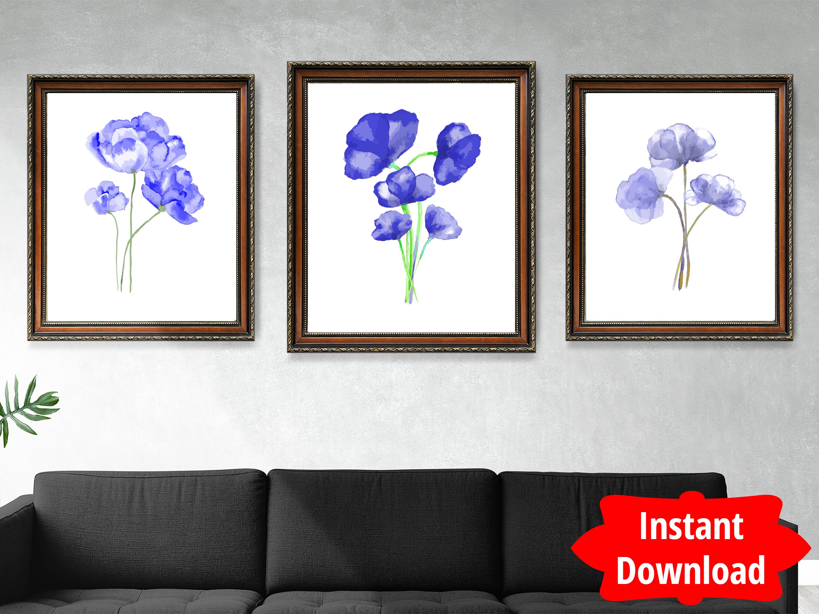 Set of 3 Blue Wall Art Blue Flowers Watercolor Print Set of Etsy