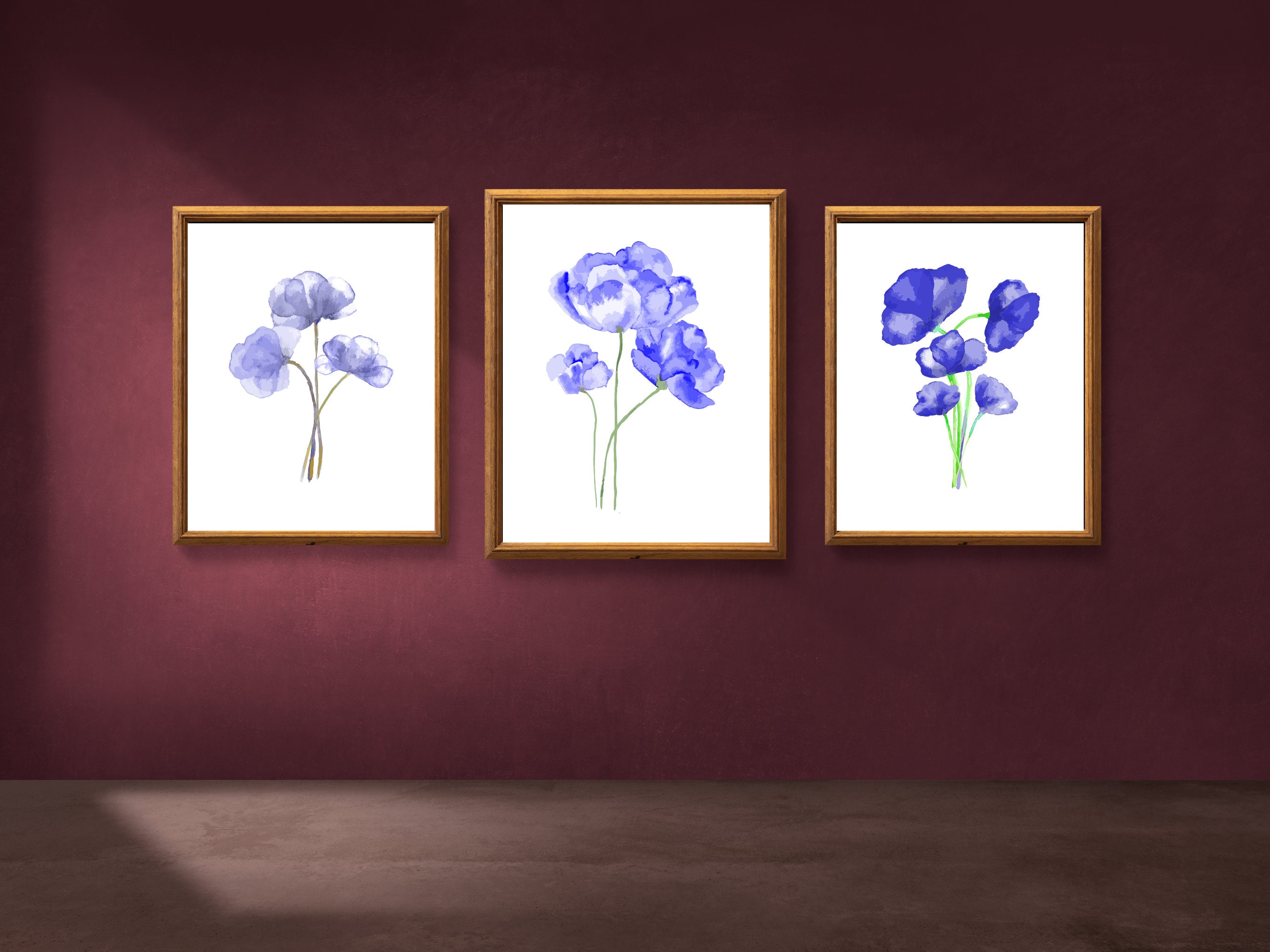 Set of 3 Blue Wall Art Blue Flowers Watercolor Print Set of Etsy