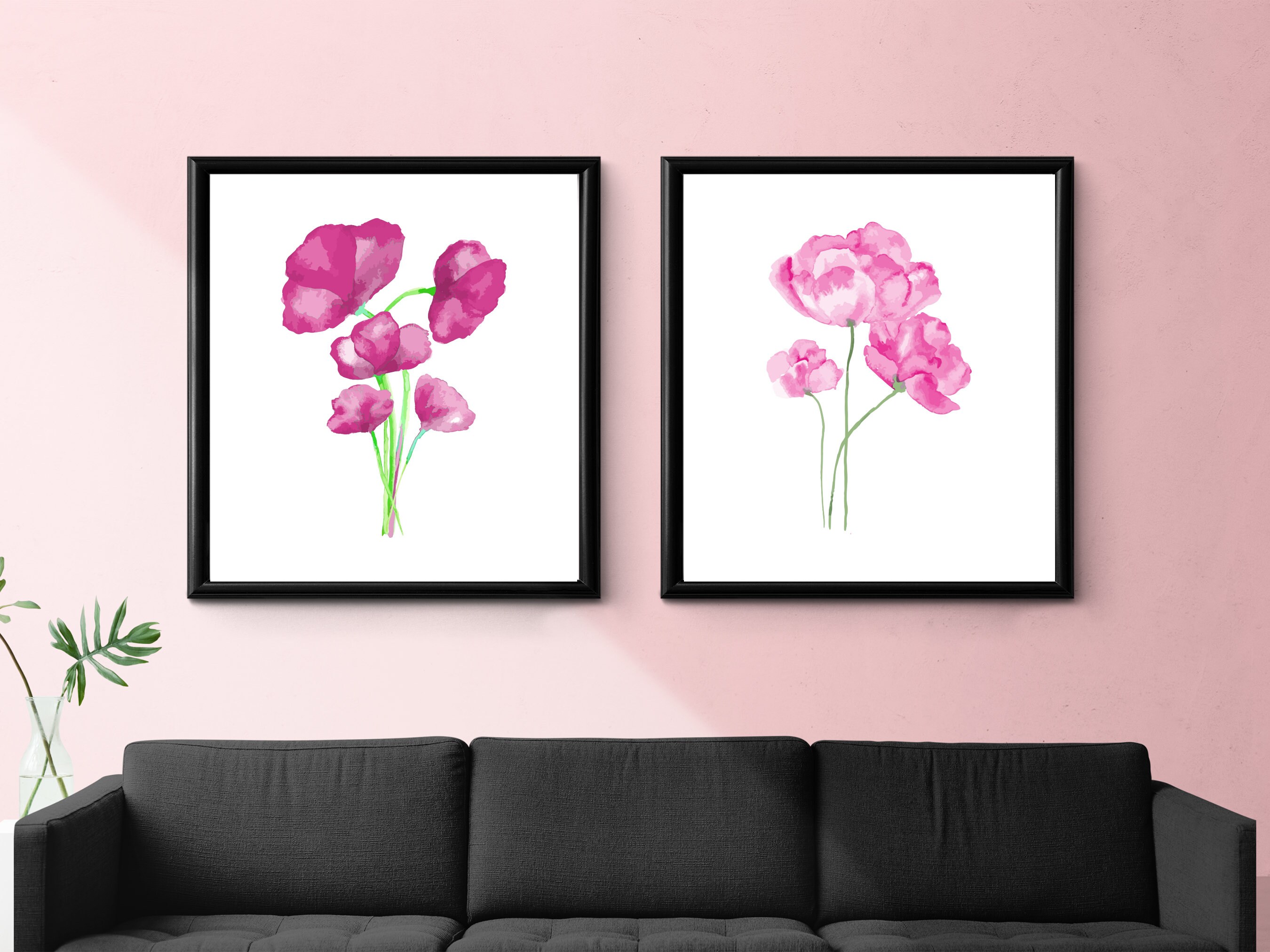 Set of 3 Pink Wall Art Pink Flowers Watercolor Print Set of Etsy