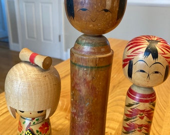 3 - Vintage Japanese Kokeshi dolls, Japanese wooden Kokeshi dolls, Original Japanese wooden dolls, vintage far east decor