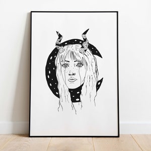 Ink witch print, Simple witch drawing, Minimalist ink witch illustration, Witch with moon drawing, Original black and white print