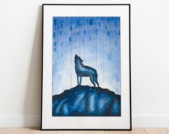 Original Watercolor Print, Blue Wolf Print, Watercolor Animal Artwork, Styled Werewolf Illustration, Wolf Wall Art, Wolf Art Decor