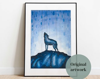 Original Wolf Painting Watercolor Wolf Drawing Blue Wolf Artwork Simple Wolf Wall Art Room Decor Wolf Art Wolf Drawing Forest Animal Art