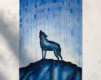 Original Watercolor Print, Blue Wolf Print, Watercolor Animal Artwork, Styled Werewolf Illustration, Wolf Wall Art, Wolf Art Decor