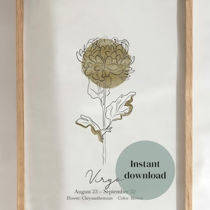Virgo print, Virgo digital download, Floral Virgo digital artwork, Minimalistic Virgo drawing, Printable home decor, Minimalist poster
