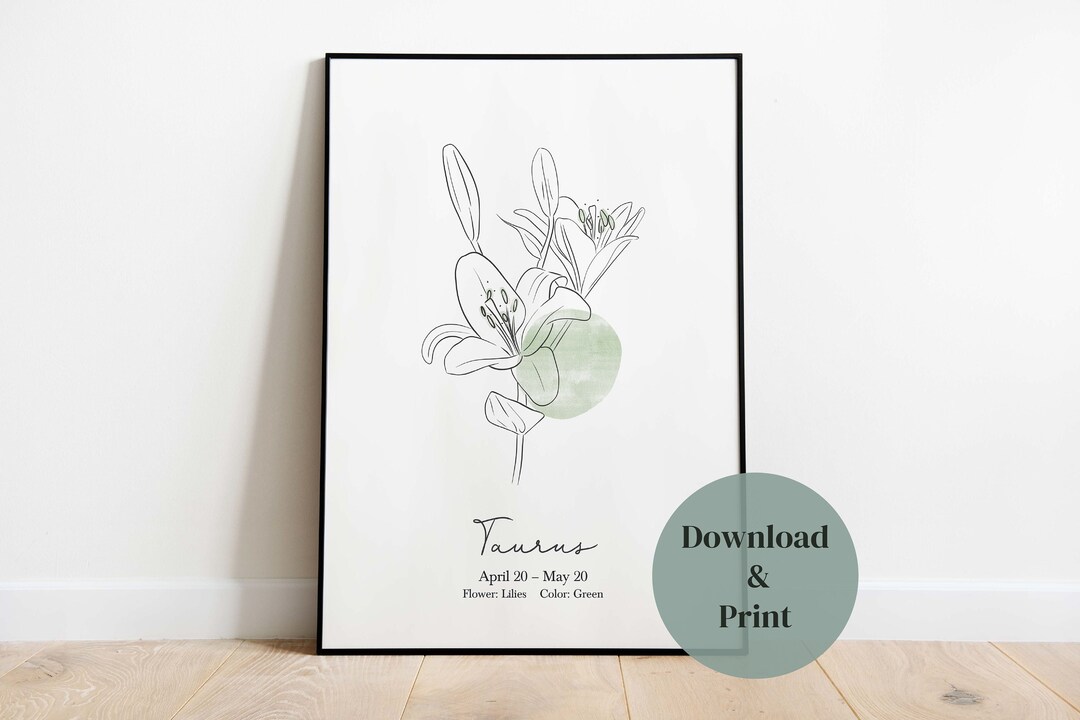 Printable Taurus Artwork, Downloadable Art, Taurus Flower and Color
