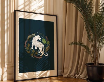 Printable Tiger Illustration, Floral wild animal drawing, Colorful wild cat poster, Downloadable digital painting,  Feline artwork
