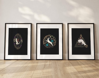 Printable animal drawing bundle, Set of 3 wildlife art prints, Furry forest life poster download, Original made by artist room decor