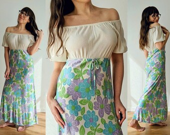Vintage 60s 70s Flower Power Dress with Soft Cream Bodice and Off-Shoulder Cap Sleeve // Size S