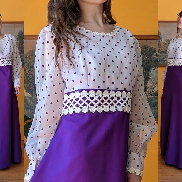 Robe longue vintage des années 60 et 70 à pois violets et bordures marguerites//taille L-XL