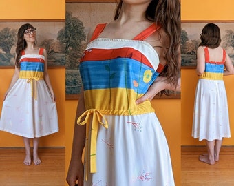 Vintage 80s Primary Colours Midi Dress with Floral Print and Bow // Size L