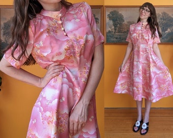 Vintage 50s 60s Butterflies & Roses Pink Midi Dress with Dreamy Cloud Print and Pastel Swirl Buttons // Size M-L