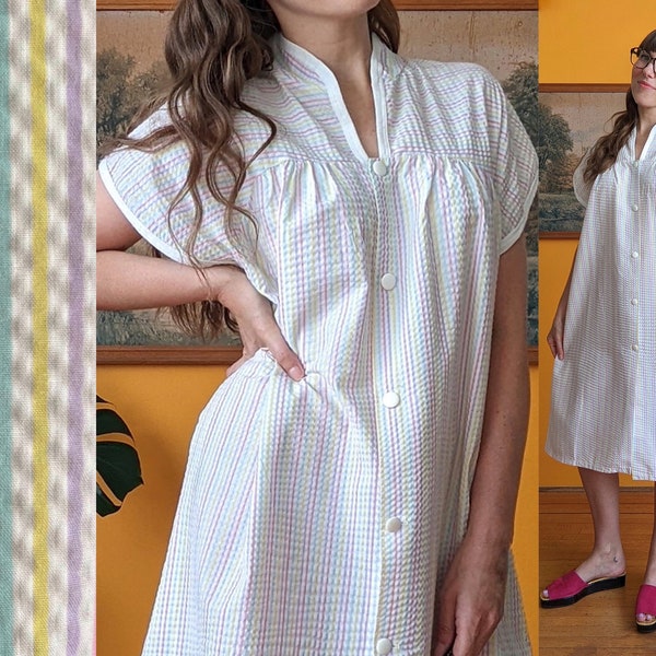 Vintage 80s Pastel Rainbow Striped Nightgown with Cap Sleeves // Size L