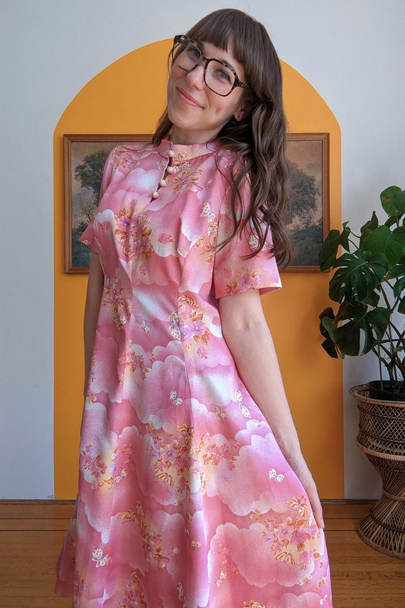 Vintage 50s 60s Butterflies & Roses Pink Midi Dre… - image 8