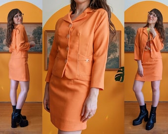 Vintage 90s does 60s Mod Jacket & Mini Skirt Set in Tangerine Orange // Size S-M